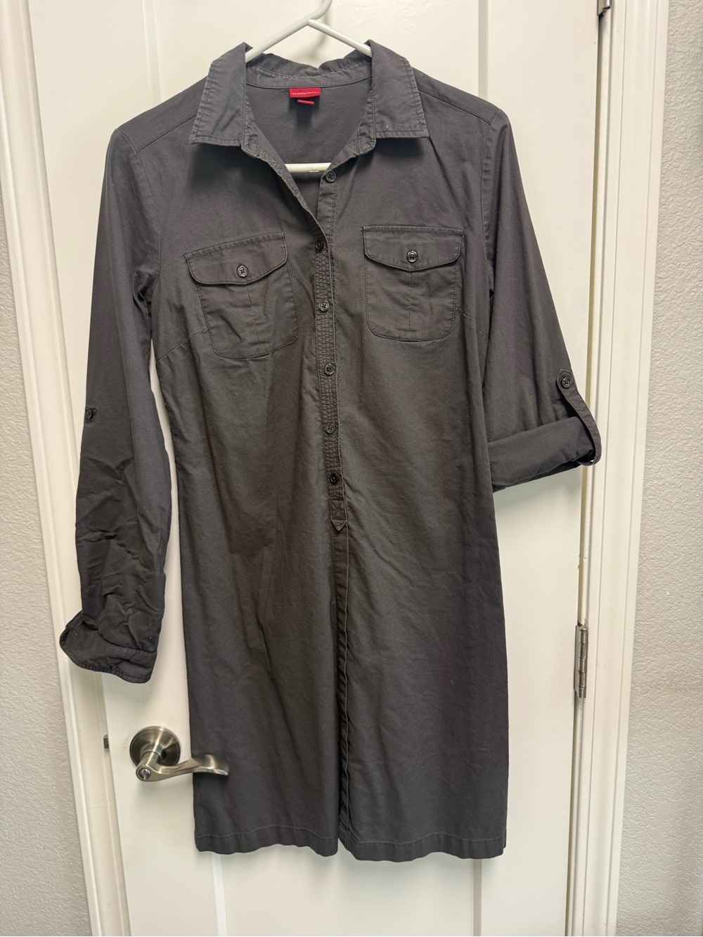 Long Sleeve Button-Up Shirt Dress in Charcoal Gray
